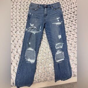 Abercrombie & Fitch Distressed Straight Leg Jeans - Dark Blue